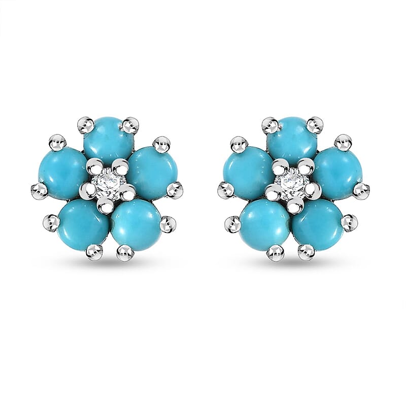 Sleeping Beauty Turquoise and White Zircon 1.35 ctw Floral Stud Earrings in Rhodium Over Sterling Silver