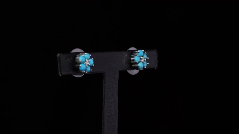 Sleeping Beauty Turquoise and White Zircon 1.35 ctw Floral Stud Earrings in Rhodium Over Sterling Silver
