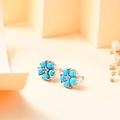 Sleeping Beauty Turquoise and White Zircon 1.35 ctw Floral Stud Earrings in Rhodium Over Sterling Silver