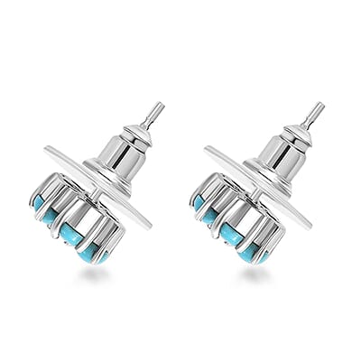 Sleeping Beauty Turquoise and White Zircon 1.35 ctw Floral Stud Earrings in Rhodium Over Sterling Silver