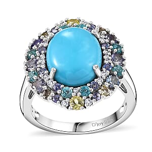 D'Joy Sleeping Beauty Turquoise and Multi Gemstone 5.90 ctw Galaxy Ring in Rhodium Over Sterling Silver (Size 10.0)