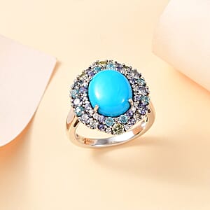 D'Joy Sleeping Beauty Turquoise and Multi Gemstone 5.90 ctw Galaxy Ring in Rhodium Over Sterling Silver (Size 10.0)