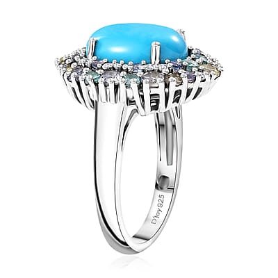 D'Joy Sleeping Beauty Turquoise and Multi Gemstone 5.90 ctw Galaxy Ring in Rhodium Over Sterling Silver (Size 10.0)