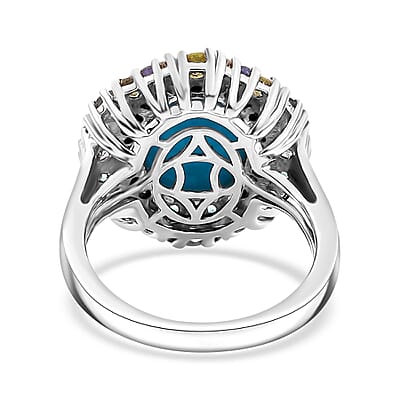 D'Joy Sleeping Beauty Turquoise and Multi Gemstone 5.90 ctw Galaxy Ring in Rhodium Over Sterling Silver (Size 10.0)