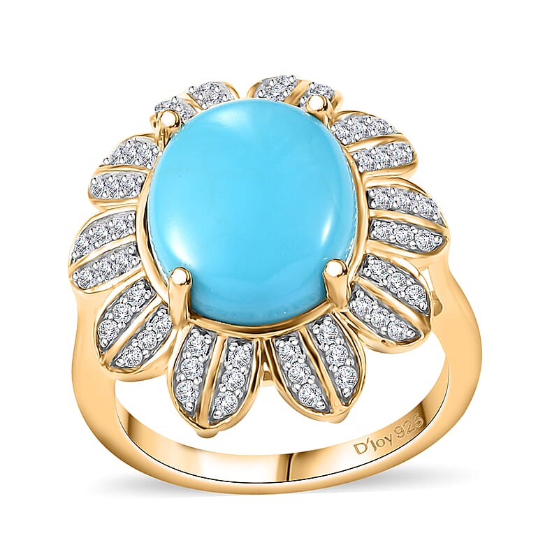 Sleeping Beauty Turquoise and White Zircon 4.75 ctw Floral Ring in 18K Vermeil Yellow Gold Sterling Silver (Size 10.0)