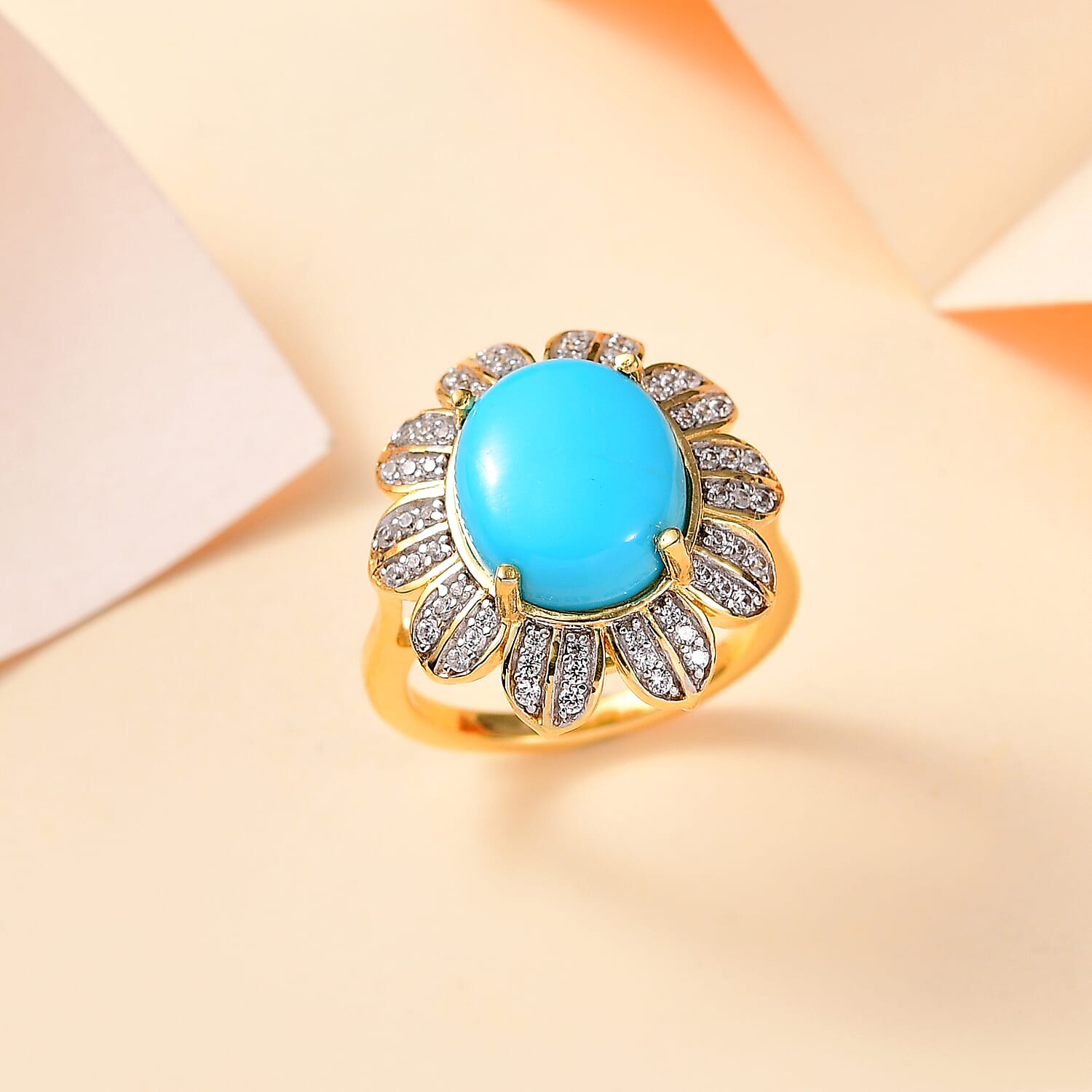 Sleeping Beauty Turquoise and White Zircon 4.75 ctw Floral Ring in 18K Vermeil Yellow Gold Sterling Silver (Size 10.0)