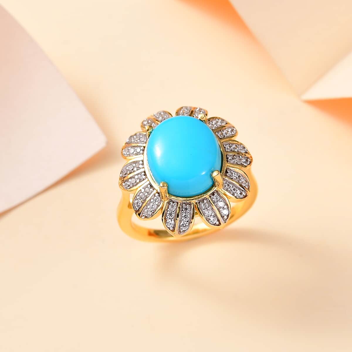 Premium Sleeping Beauty Turquoise, White Zircon Ring in 18K Vermeil YG Sterling Silver (Size 10.0) 4.75 ctw image number 1