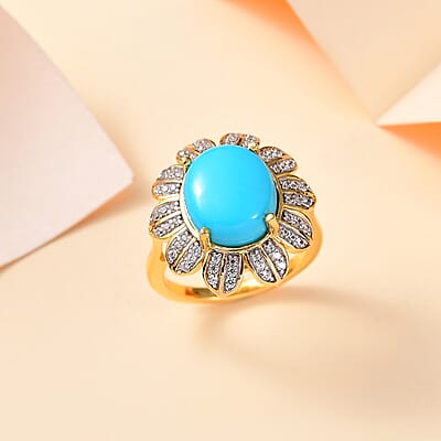 Sleeping Beauty Turquoise and White Zircon 4.75 ctw Floral Ring in 18K Vermeil Yellow Gold Sterling Silver (Size 10.0)