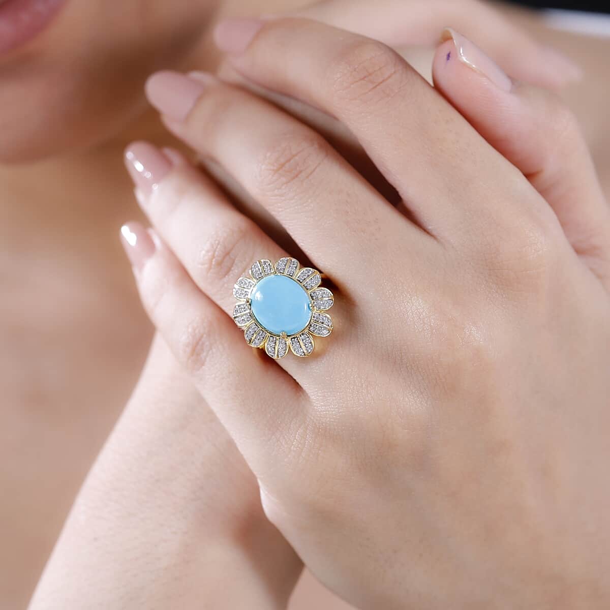 Premium Sleeping Beauty Turquoise, White Zircon Ring in 18K Vermeil YG Sterling Silver (Size 10.0) 4.75 ctw image number 2