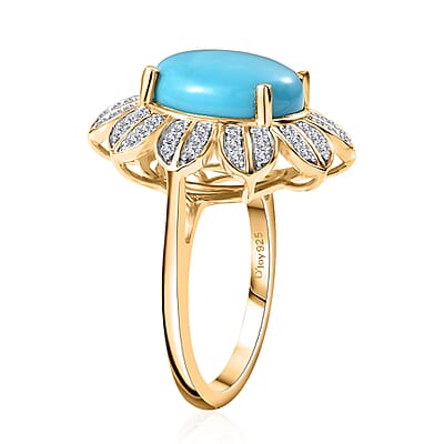 Sleeping Beauty Turquoise and White Zircon 4.75 ctw Floral Ring in 18K Vermeil Yellow Gold Sterling Silver (Size 10.0)
