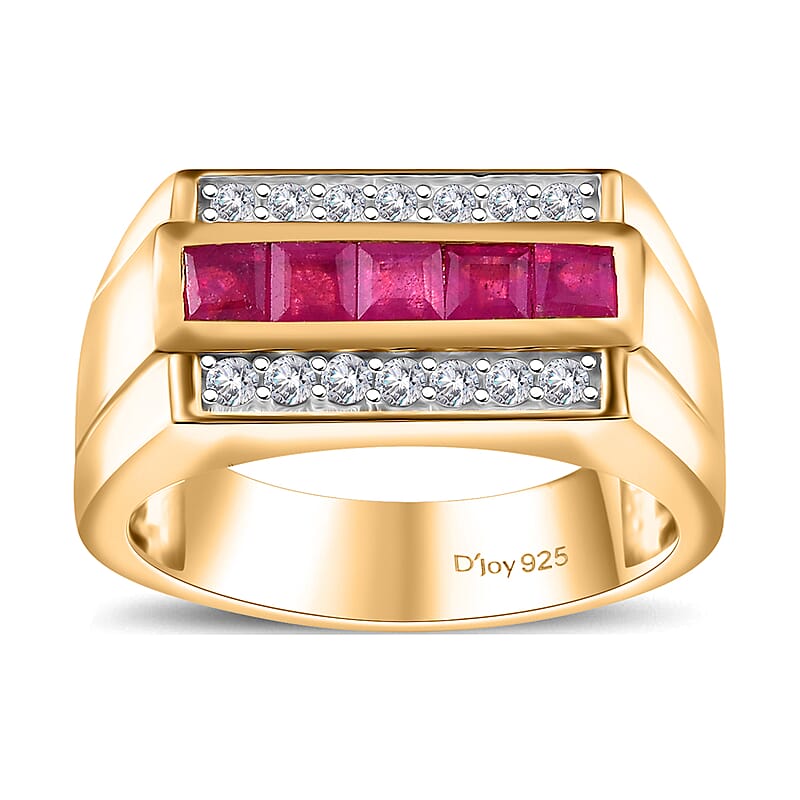 Niassa Ruby (FF) and Moissanite 1.75 ctw Men's Ring in 18K Vermeil Yellow Gold Over Sterling Silver (Size 10.0)