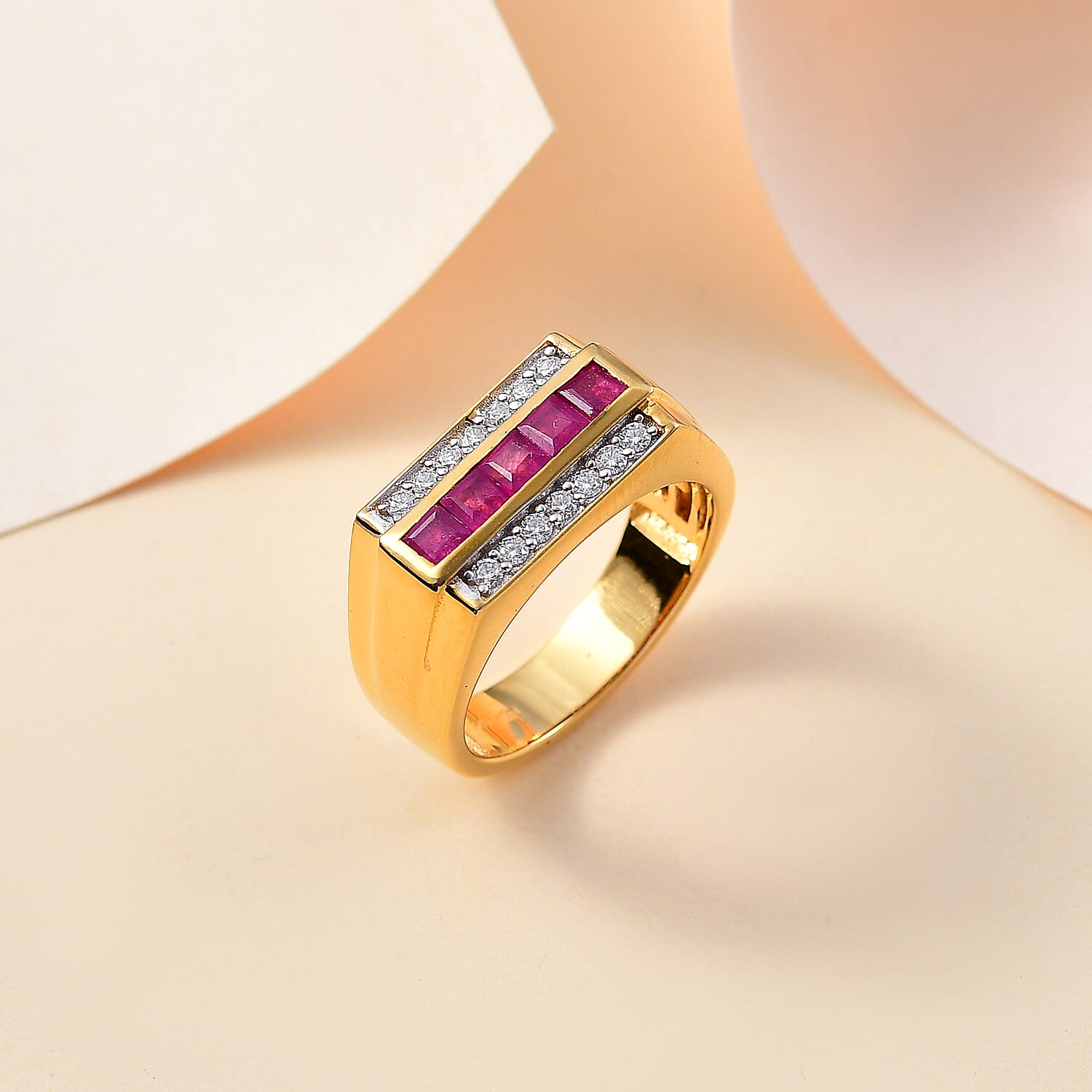 Niassa Ruby (FF) and Moissanite 1.75 ctw Men's Ring in 18K Vermeil Yellow Gold Over Sterling Silver (Size 10.0)