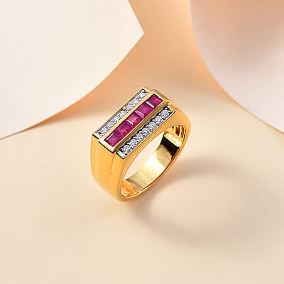 Niassa Ruby (FF) and Moissanite 1.75 ctw Men's Ring in 18K Vermeil Yellow Gold Over Sterling Silver (Size 10.0)