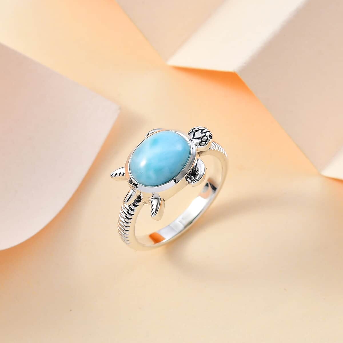 Artisan Crafted Premium Larimar Turtle Ring in Black Oxidized Sterling Silver (Size 7.0) 3.00 ctw image number 1