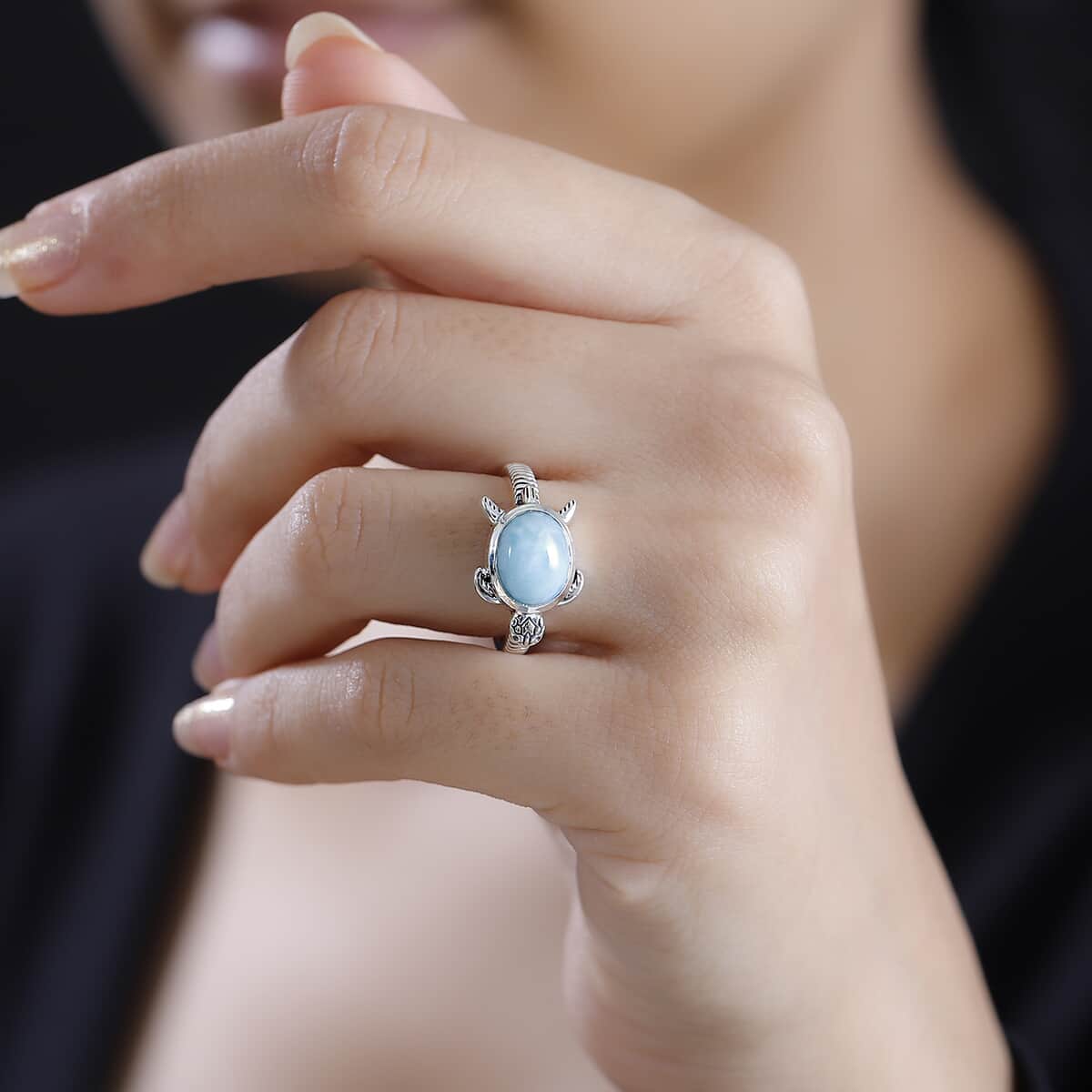 Artisan Crafted Premium Larimar Turtle Ring in Black Oxidized Sterling Silver (Size 7.0) 3.00 ctw image number 2