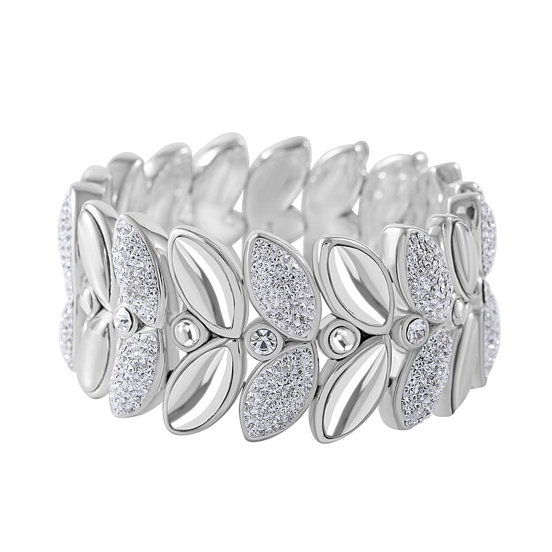 White Austrian Crystal Stretch Bracelet in Sterling Silver (7.25 In)