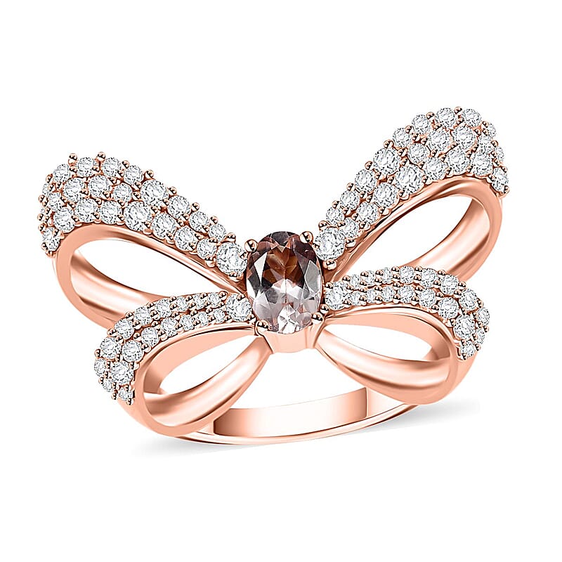 Pink Morganite and Moissanite 1.70 ctw Bow Ring in 18K Vermeil Rose Gold Over Sterling Silver (Size 10.0)