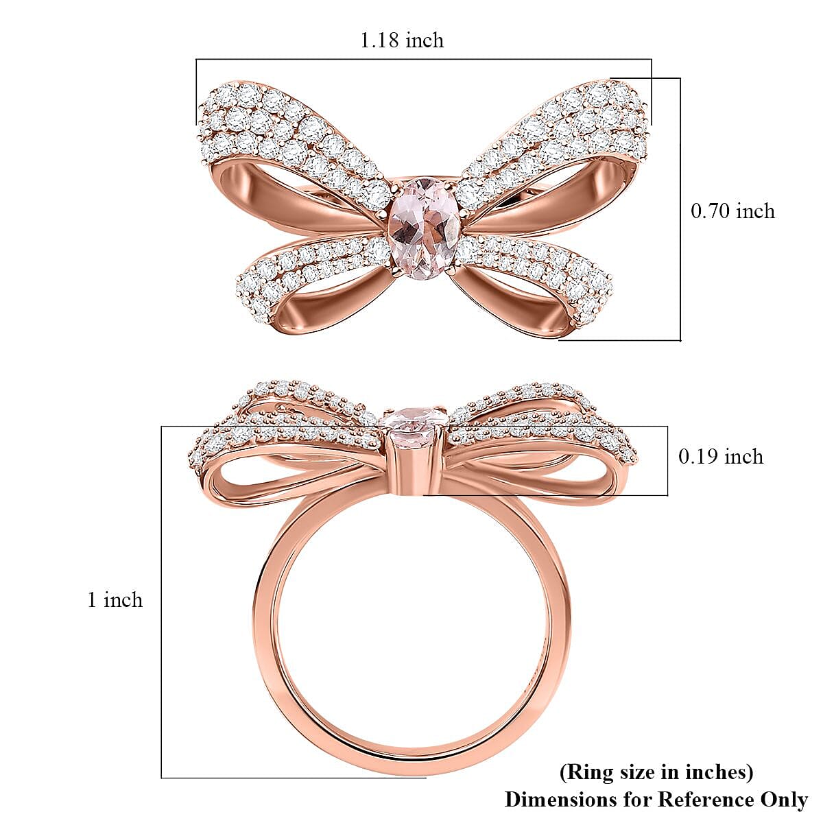 Pink Morganite and Moissanite 1.70 ctw Bow Ring in 18K Vermeil Rose Gold Over Sterling Silver (Size 10.0)