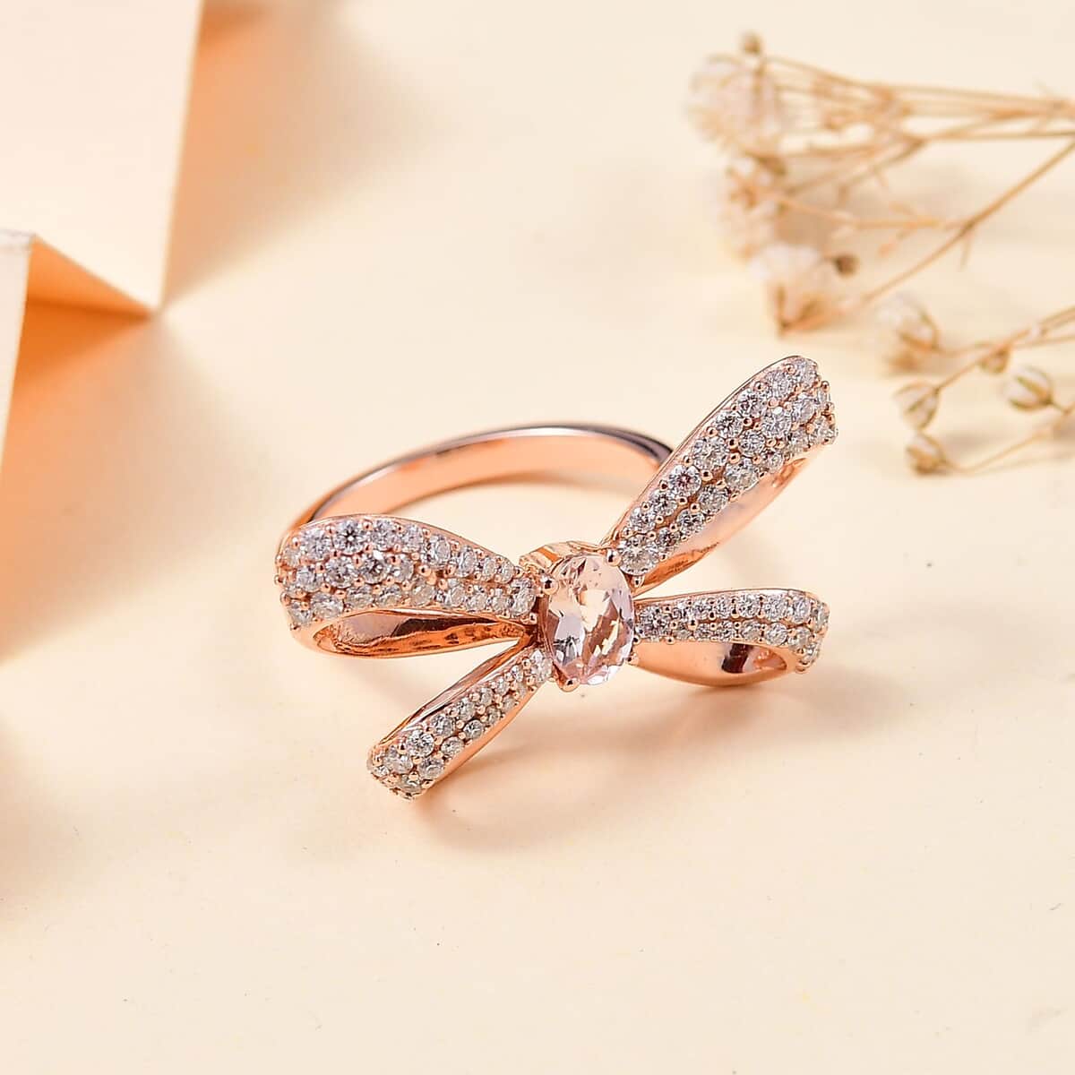 Pink Morganite and Moissanite 1.70 ctw Bow Ring in 18K Vermeil Rose Gold Over Sterling Silver (Size 6.0) image number 1