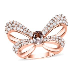 Pink Morganite and Moissanite 1.70 ctw Bow Ring in 18K Vermeil Rose Gold Over Sterling Silver (Size 7.0)