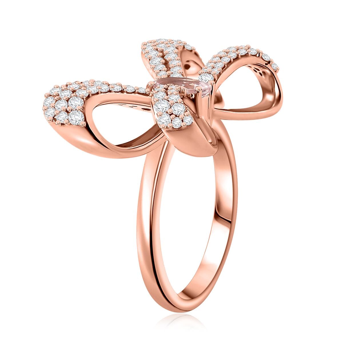 Pink Morganite and Moissanite 1.70 ctw Bow Ring in 18K Vermeil Rose Gold Over Sterling Silver (Size 8.0) image number 3