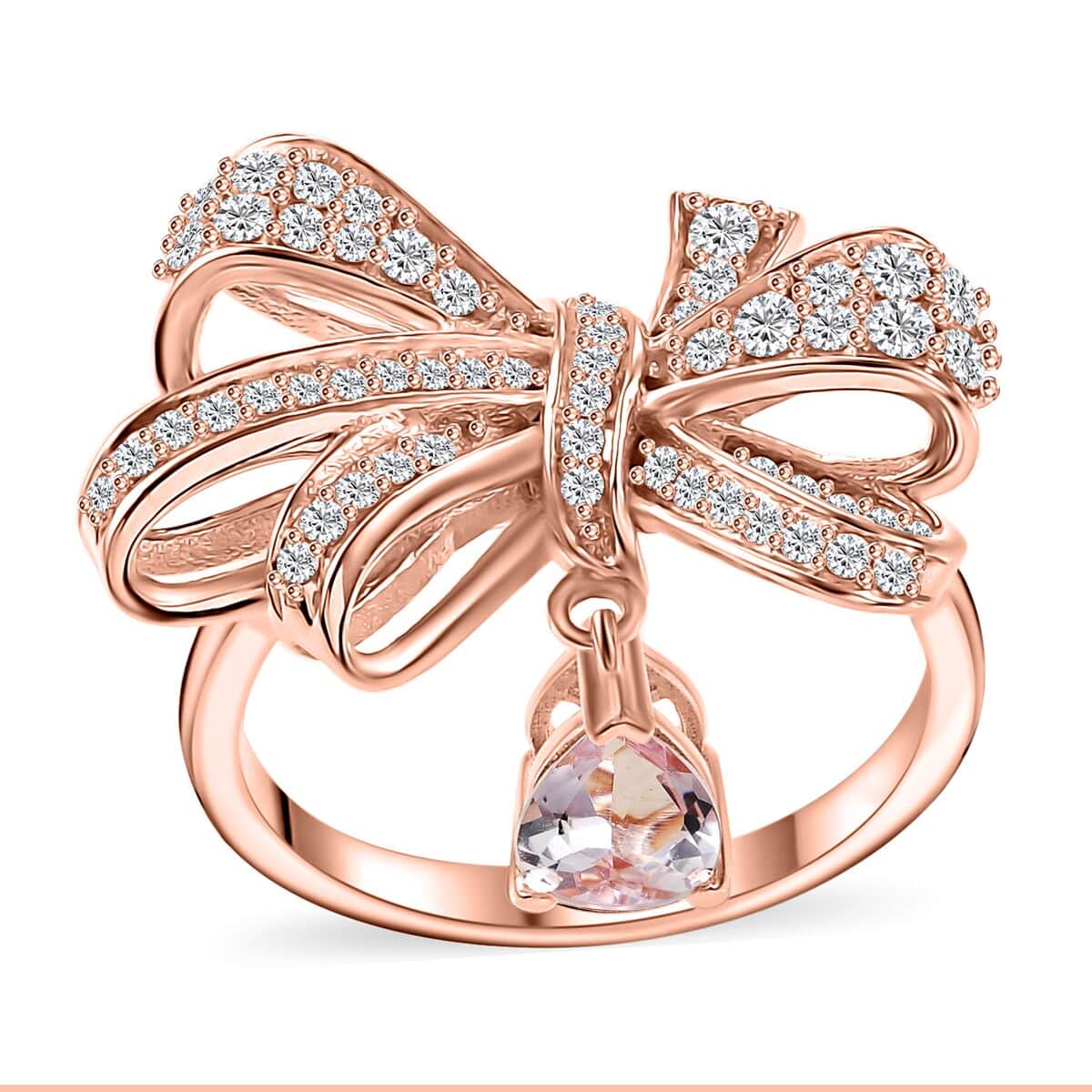 Pink Morganite, Moissanite Bow Knot Ring in 18K Vermeil RG Over Sterling Silver (Size 7.0) 1.40 ctw image number 0