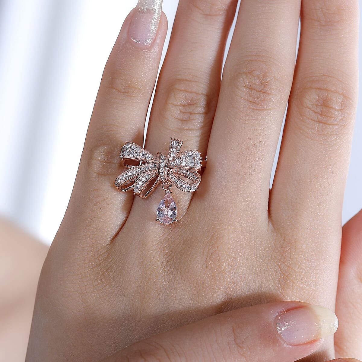 Pink Morganite and Moissanite 1.40 ctw Love Knot Ring in 18K Vermeil Rose Gold Over Sterling Silver (Size 7.0) image number 2