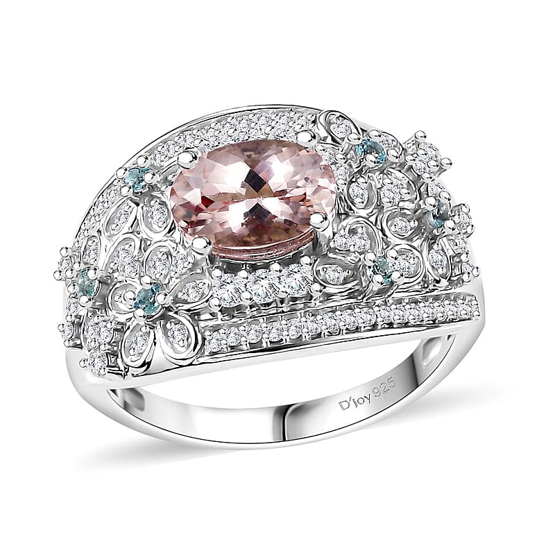 Pink Morganite and Multi Gemstone 2.10 ctw Flower Ring in Rhodium Over Sterling Silver (Size 10.0)