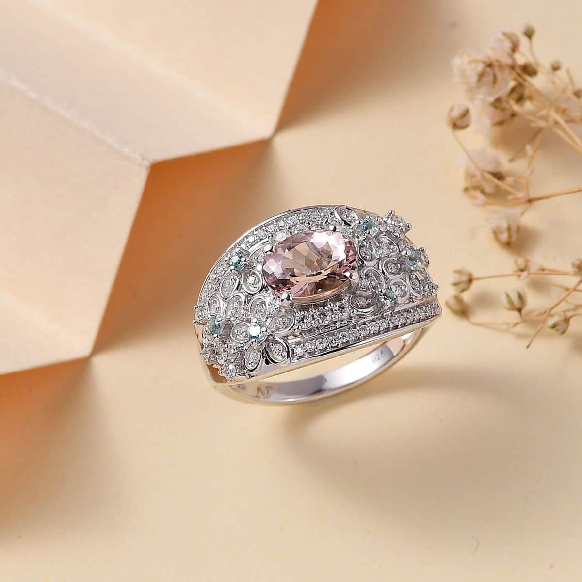 Pink Morganite, Multi Gemstone Ring in Rhodium Over Sterling Silver (Size 8.0) 2.10 ctw image number 1