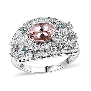 D'Joy Pink Morganite and Multi Gemstone 2.10 ctw Flower Ring in Rhodium Over Sterling Silver (Size 6.0)