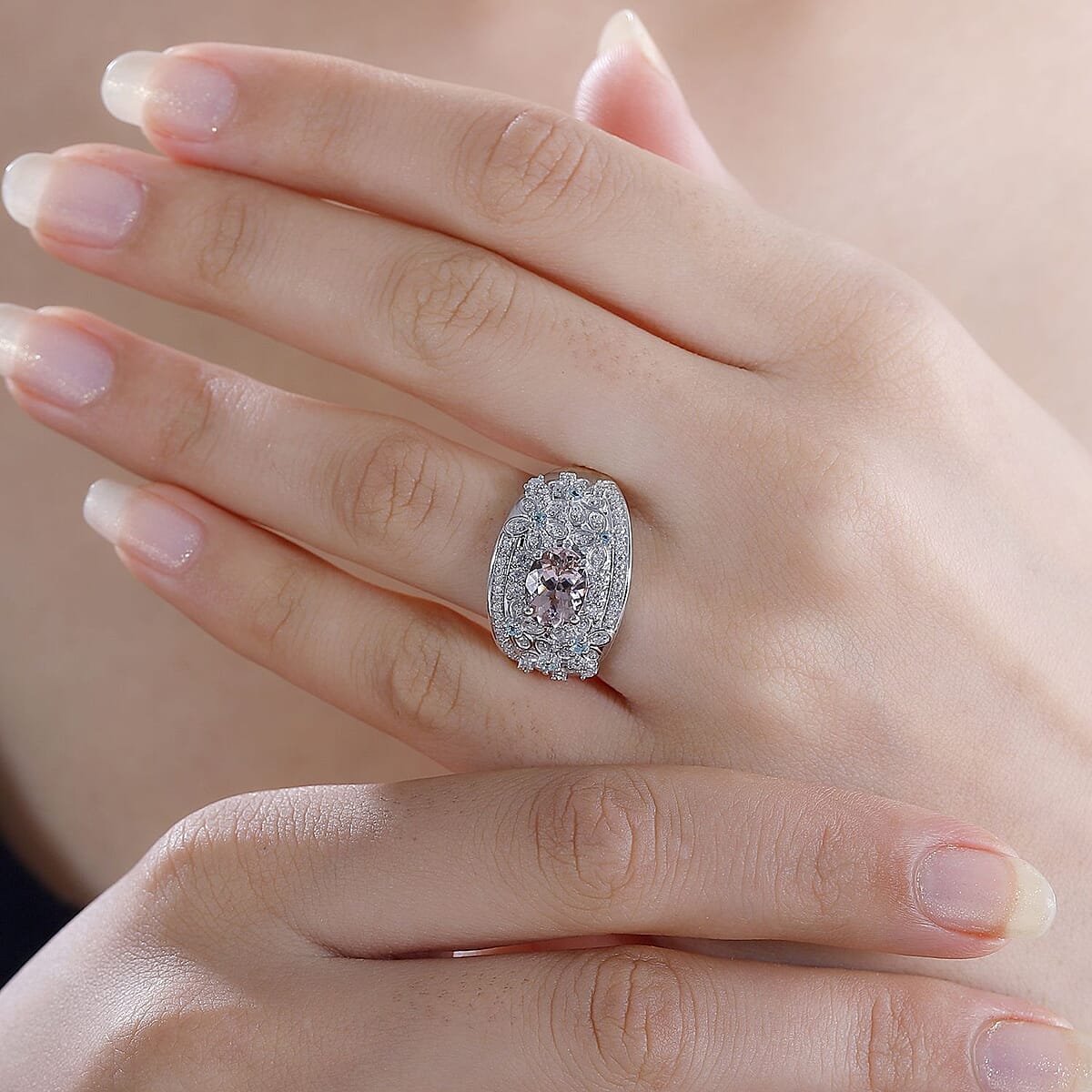 D'Joy Pink Morganite and Multi Gemstone 2.10 ctw Flower Ring in Rhodium Over Sterling Silver (Size 6.0) image number 2