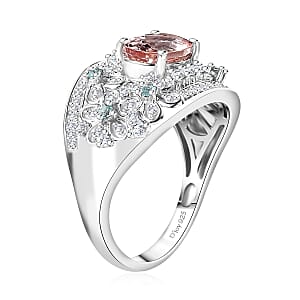 D'Joy Pink Morganite and Multi Gemstone 2.10 ctw Flower Ring in Rhodium Over Sterling Silver (Size 6.0)