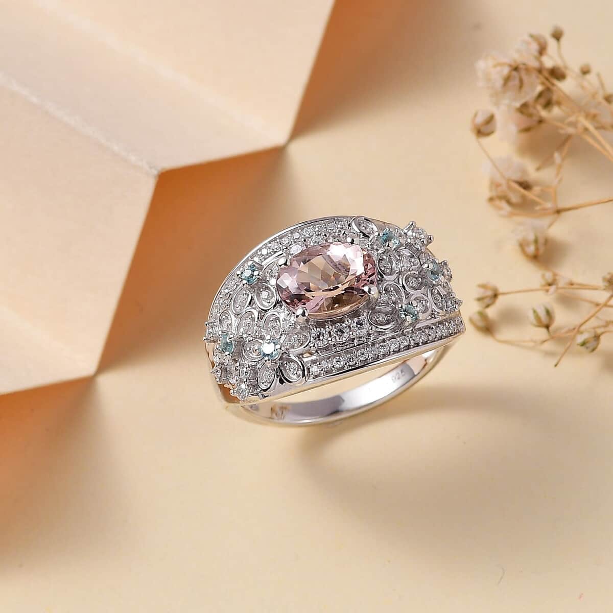 Pink Morganite and Multi Gemstone 2.10 ctw Flower Ring in Rhodium Over Sterling Silver (Size 8.0) image number 1