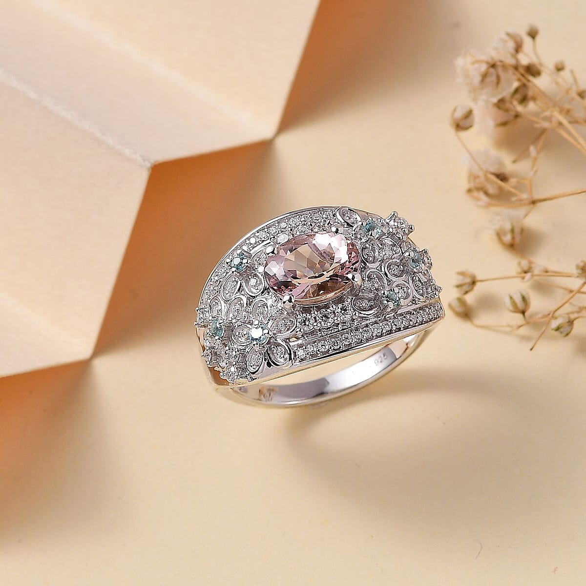D'Joy Pink Morganite and Multi Gemstone 2.10 ctw Flower Ring in Rhodium Over Sterling Silver (Size 9.0) image number 1