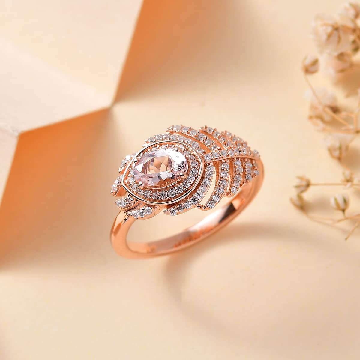 Pink Morganite and Moissanite 1.30 ctw Peacock Feather Ring in 18K Vermeil Rose Gold Over Sterling Silver (Size 10.0) image number 1