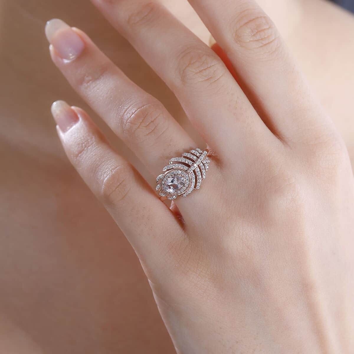 Pink Morganite and Moissanite 1.30 ctw Peacock Feather Ring in 18K Vermeil Rose Gold Over Sterling Silver (Size 10.0) image number 2