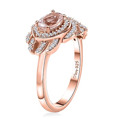 Pink Morganite and Moissanite 1.30 ctw Peacock Feather Ring in 18K Vermeil Rose Gold Over Sterling Silver (Size 10.0)