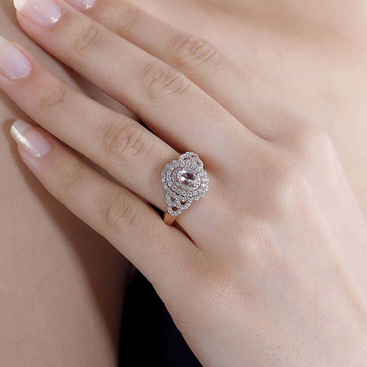 D'Joy Pink Morganite and Moissanite 1.20 ctw Cherry Blossom Ring in 18K Vermeil Rose Gold Over Sterling Silver (Size 10.0) image number 2