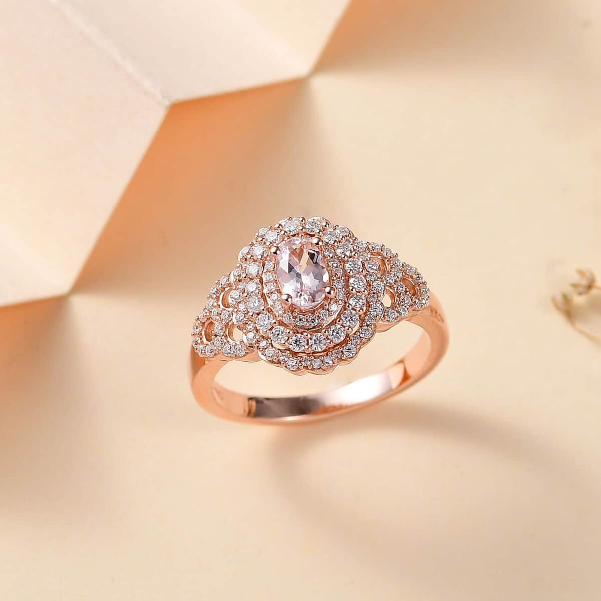 Pink Morganite, Moissanite Cocktail Ring in 18K Vermeil RG Over Sterling Silver (Size 8.0) 1.20 ctw image number 1