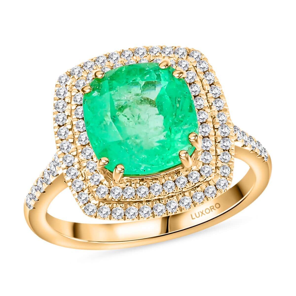 Certified & Appraised Luxoro AAA Boyaca Colombian Emerald and I2 Diamond 3.75 ctw Ring in 14K Yellow Gold (Size 7.0) 4.65 Grams image number 0