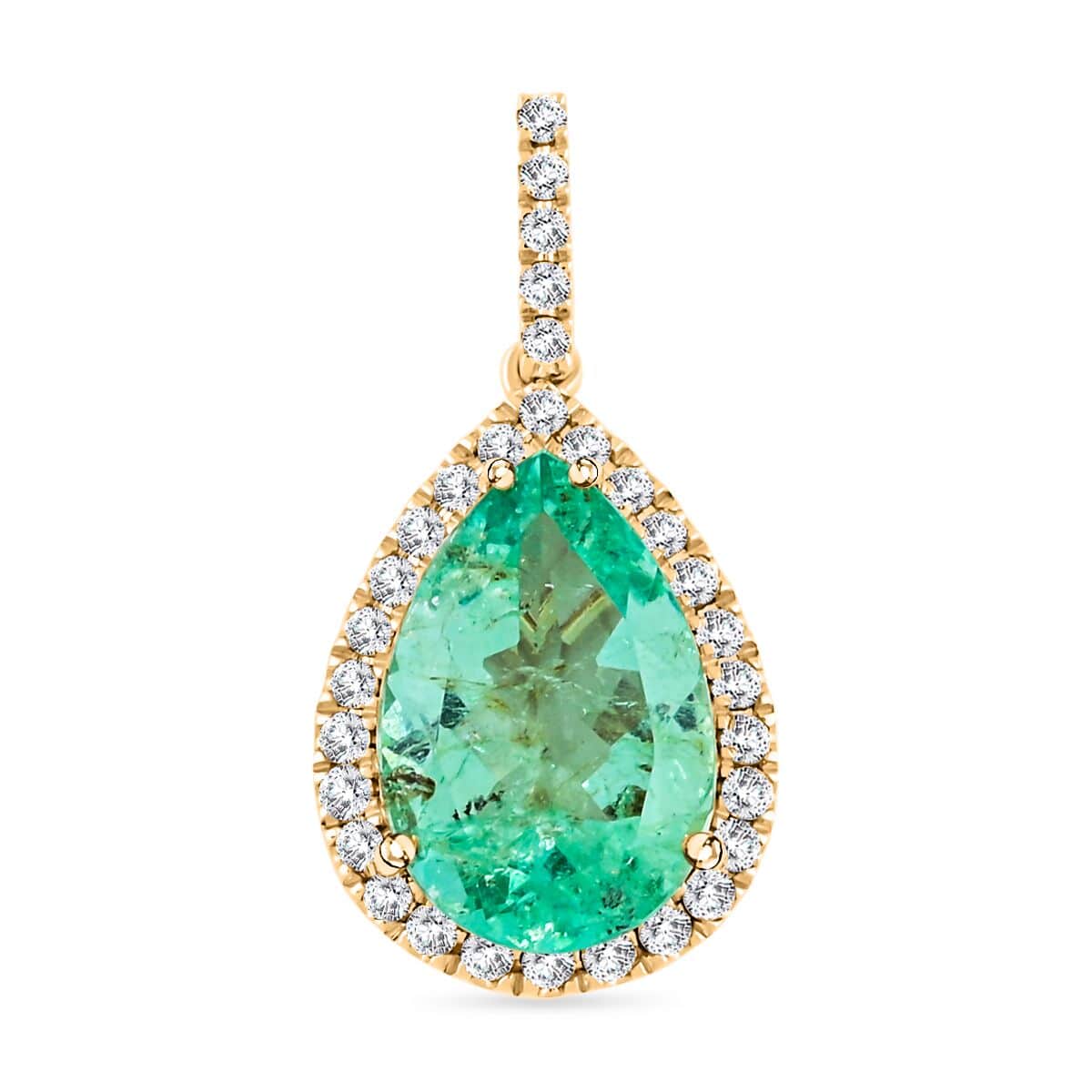 Certified & Appraised Luxoro AAA Boyaca Colombian Emerald and I2 Diamond 3.60 ctw Pendant in 14K Yellow Gold  image number 0