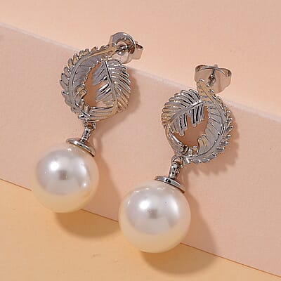 White Shell Pearl Drop Earrings in Silvertone