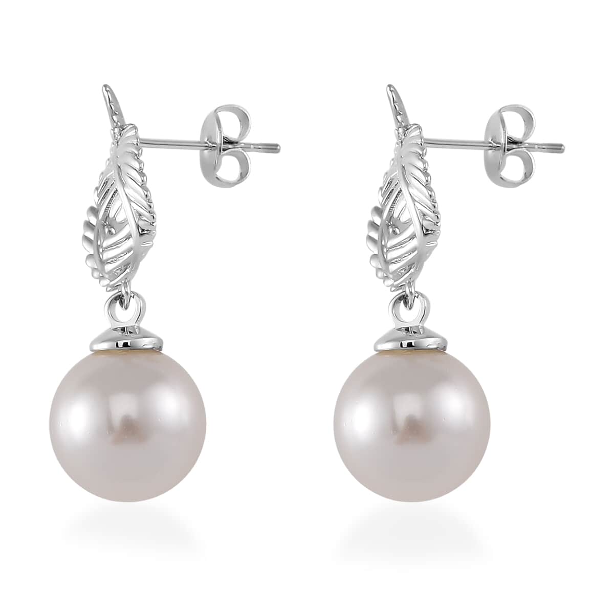 White Shell Pearl Drop Earrings in Silvertone image number 3