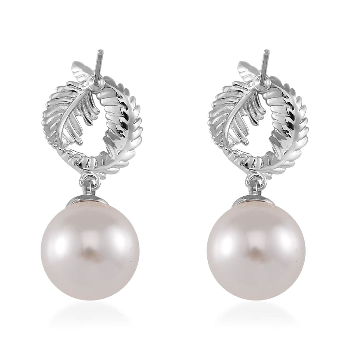 White Shell Pearl Drop Earrings in Silvertone image number 4