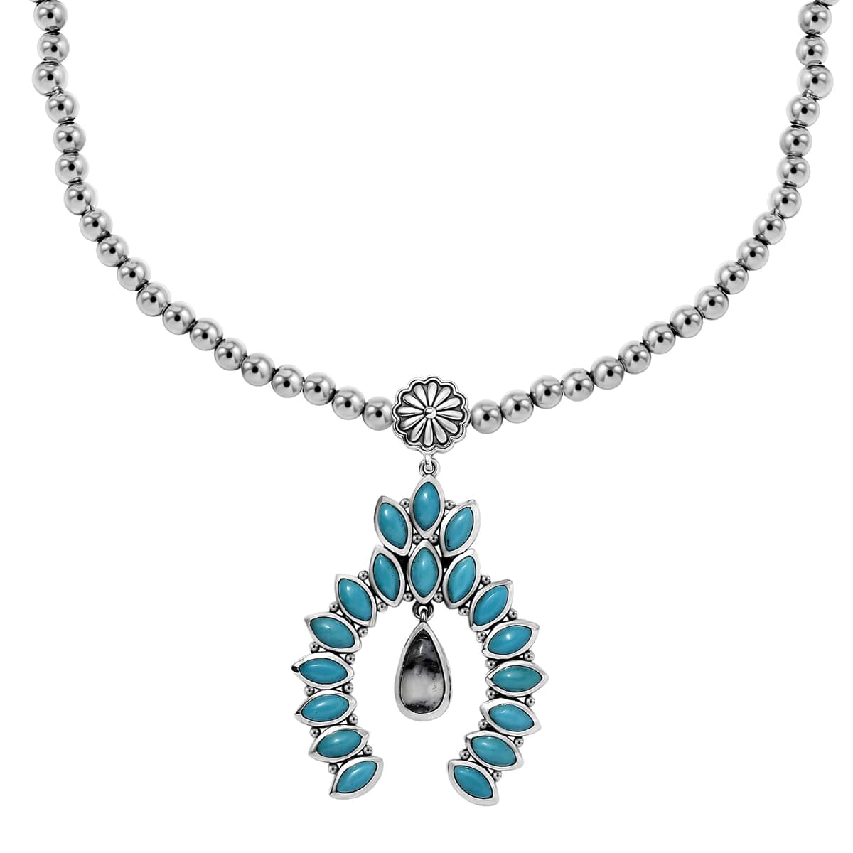 Artisan Crafted White Buffalo and Sleeping Beauty Turquoise 6.00 ctw Squash Blossom Necklace in Black Oxidized Sterling Silver 18 Inches image number 0