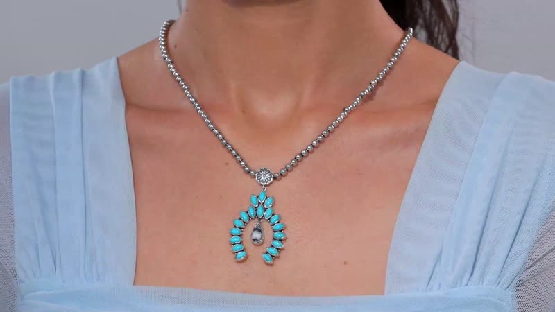 D'Joy Artisan Crafted White Buffalo and Sleeping Beauty Turquoise 6.00 ctw Squash Blossom Necklace in Black Oxidized Sterling Silver 18 Inches