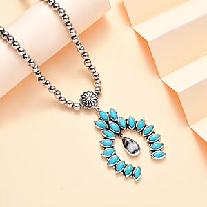 D'Joy Artisan Crafted White Buffalo and Sleeping Beauty Turquoise 6.00 ctw Squash Blossom Necklace in Black Oxidized Sterling Silver 18 Inches
