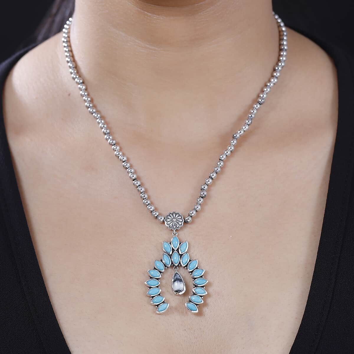 Artisan Crafted White Buffalo and Sleeping Beauty Turquoise 6.00 ctw Squash Blossom Necklace in Black Oxidized Sterling Silver 18 Inches image number 2