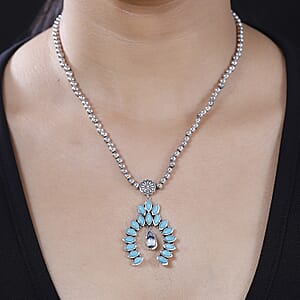 D'Joy Artisan Crafted White Buffalo and Sleeping Beauty Turquoise 6.00 ctw Squash Blossom Necklace in Black Oxidized Sterling Silver 18 Inches