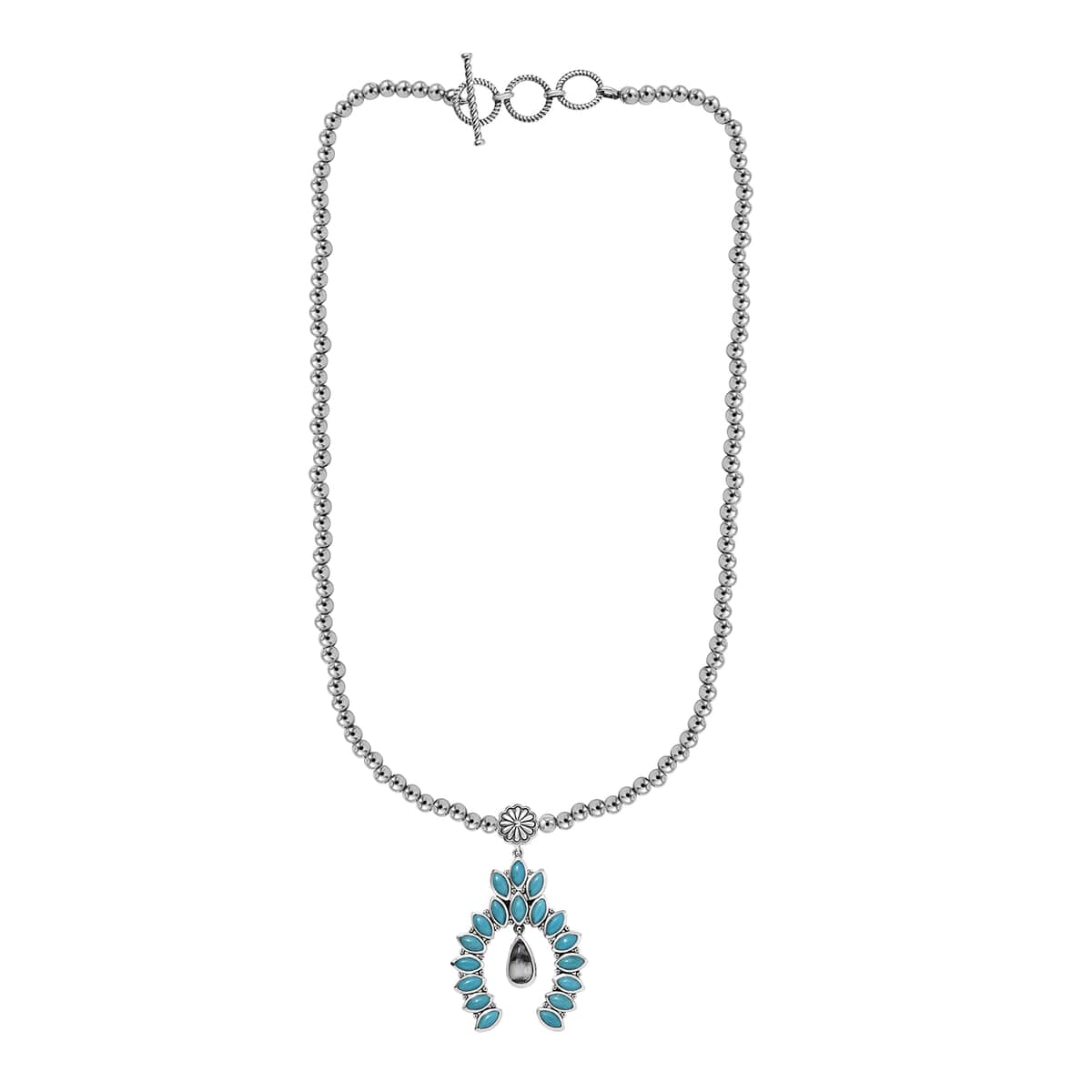 Artisan Crafted White Buffalo and Sleeping Beauty Turquoise 6.00 ctw Squash Blossom Necklace in Black Oxidized Sterling Silver 18 Inches image number 3